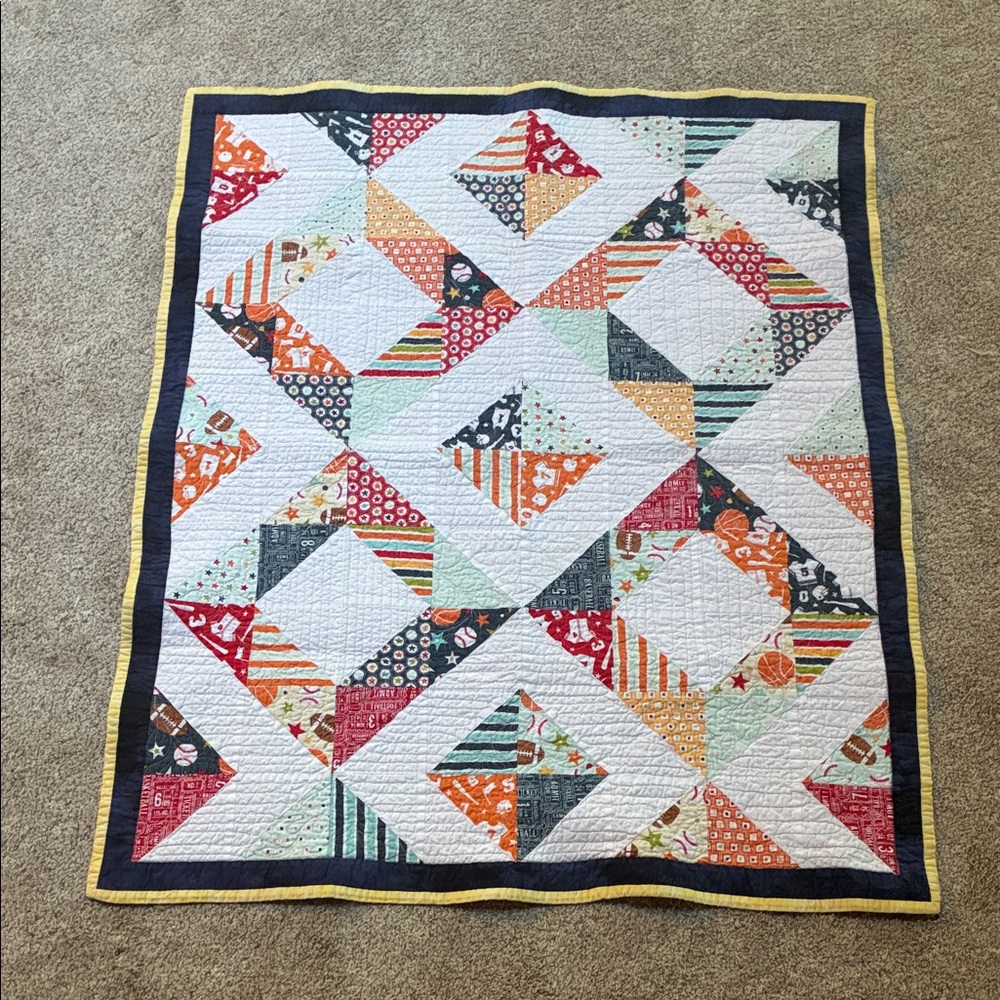 Handmade Sporty Multicolor Patchwork Crib Quilt 37.5”x 31.5”